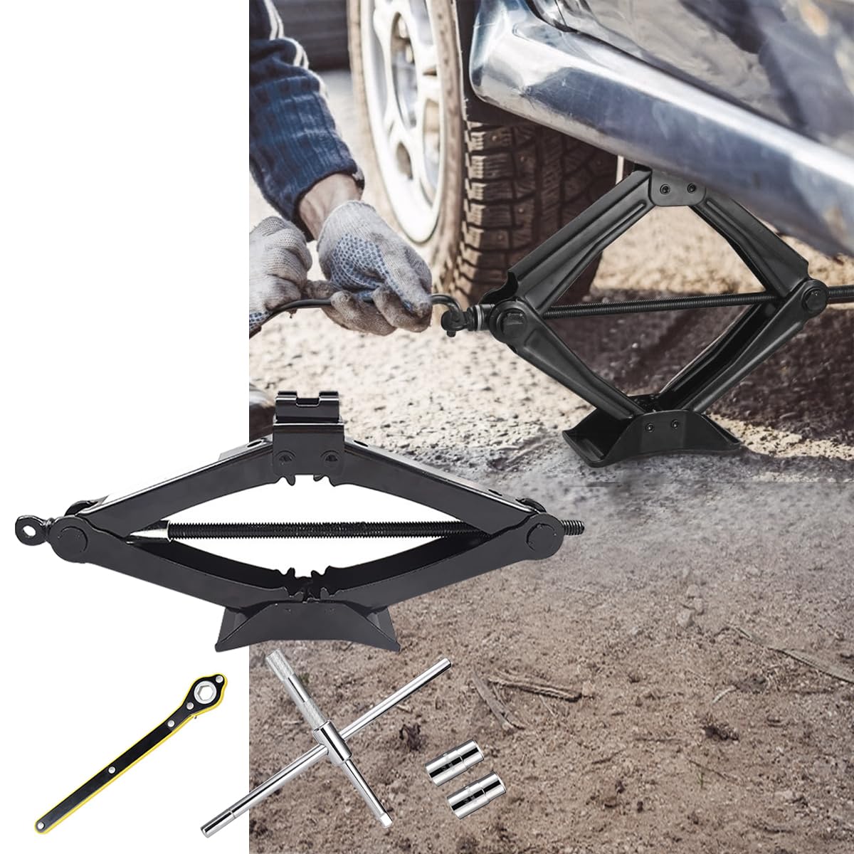 Raised Scissor Jack for Car 3T Lifting Car Tire Jack Heavy Duty Tire Changing Kit with Crank Handle/Universal Cross Lug Wrench/Gloves for Auto SUV MPV Full Set Tire Repair and Replacement Tool Black