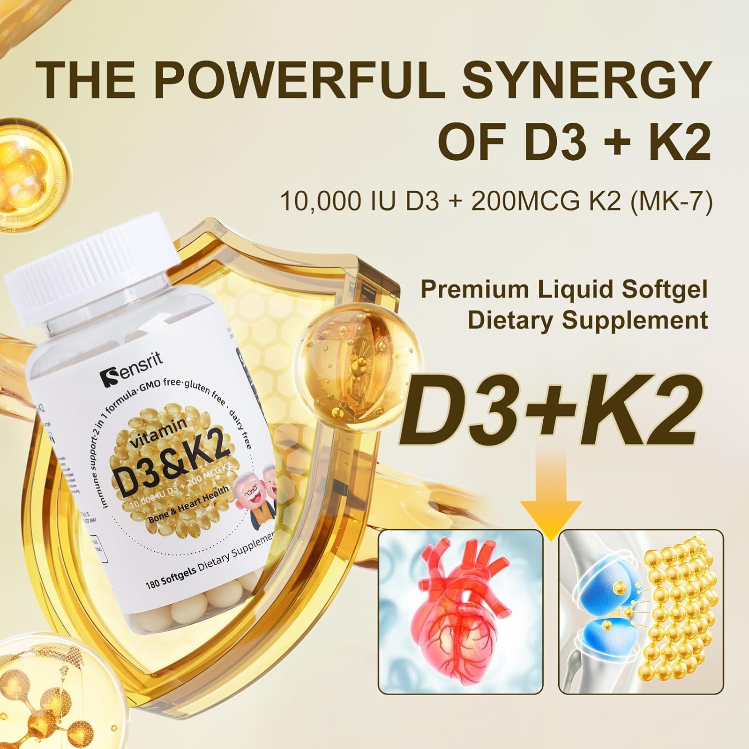 Vitamin D3 5000 IU with K2 MK-7 Supplement | 180 Softgels | Promotes Bone & Heart Health | Enhanced Calcium Absorption | Supports Immune System & Cardiovascular Function | Non-GMO, Gluten Free - Image 2