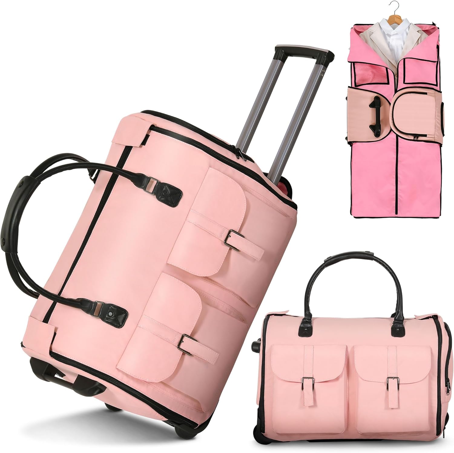 Garment Bags for Travel, 2-in-1 Convertible Rolling Duffle Bag with Wheels, Modern Carry-on Travel Bag for Suits, Foldable Suit Bag, Telescopic Handle, Hanging Hook