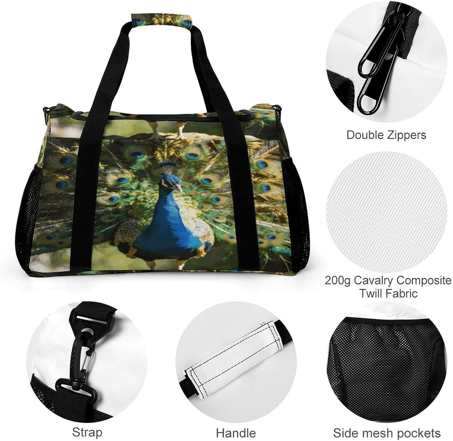 Beautiful Peacock with Colorful Feathers Weekender Bag Gym Bag image 3