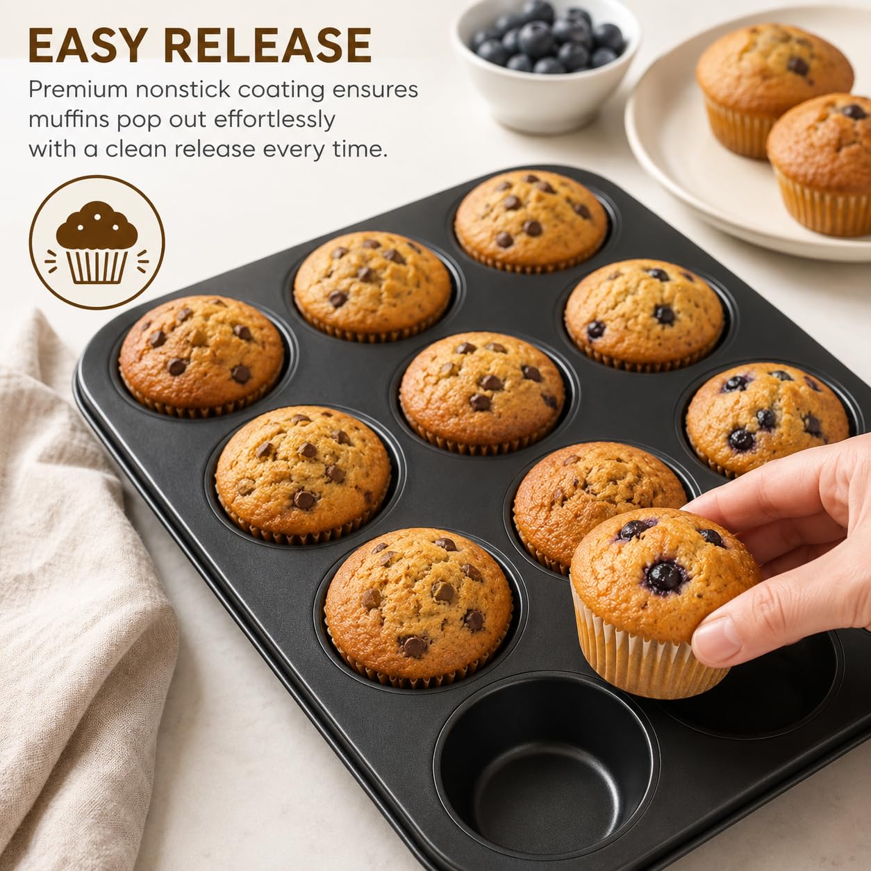 CANDeal Ensemble De 2 Moules À Muffins De 12 Tasses, Plateau De Cuisson Antiadhésif Pour Cupcakes, Moule À Muffins À 12 Cavités Pour Four, Moules À Gâteaux Lavables Pour Brownies (Noir)