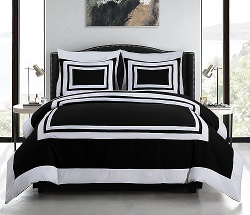 Miniatura 2 de Chezmoi Collection Wyatt - Juego de edredón de 7 piezas tamaño Queen con sábanas, estilo hotel, diseño cuadrado, color negro y blanco