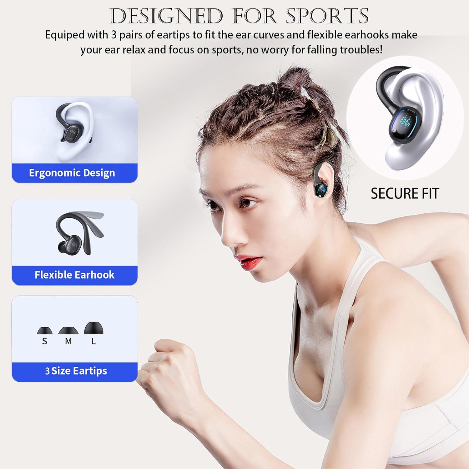 Sport Wireless Over The Ear Buds Earbuds with Earhooks Waterproof Over Ear Earphones Bluetooth Running Workout Wrap Around Earbuds with Ear Hook Sports Running Wrap Around Headphones Wireless