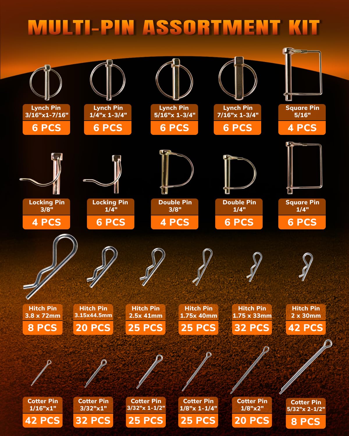 358 PCS Multi-Pin Assortment Kit, Includes Hitch Pins, Lynch Pins, PTO Pins for Tractors, Trailers, Trucks, Mowers, Snow Plows, Trash Can Couplers and Farm Equipment, Heavy Duty Trailers Accessories