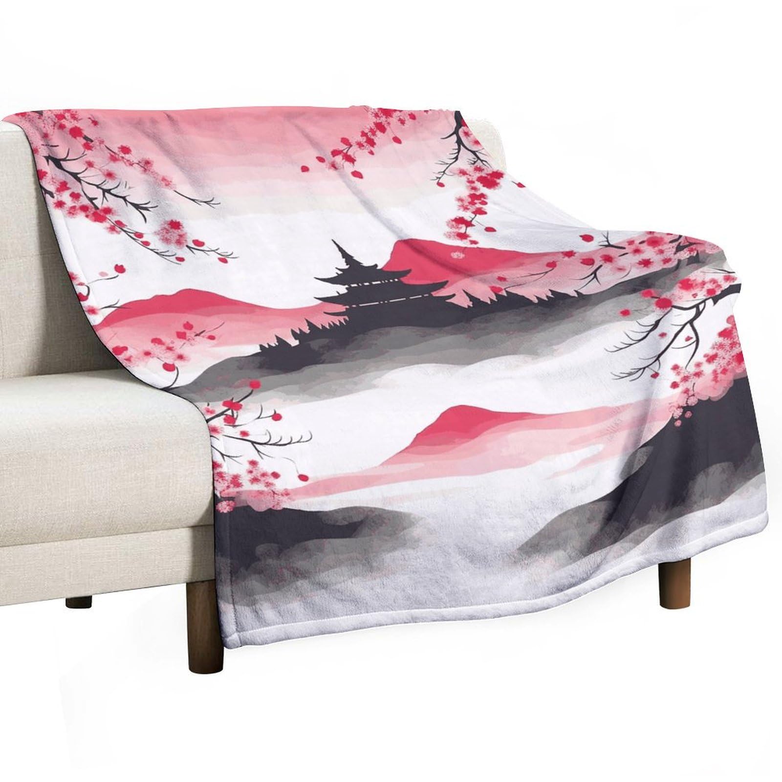 Couverture flanelle Mont Fuji et cerisier douce de 152x203 cm pour canapé et lit