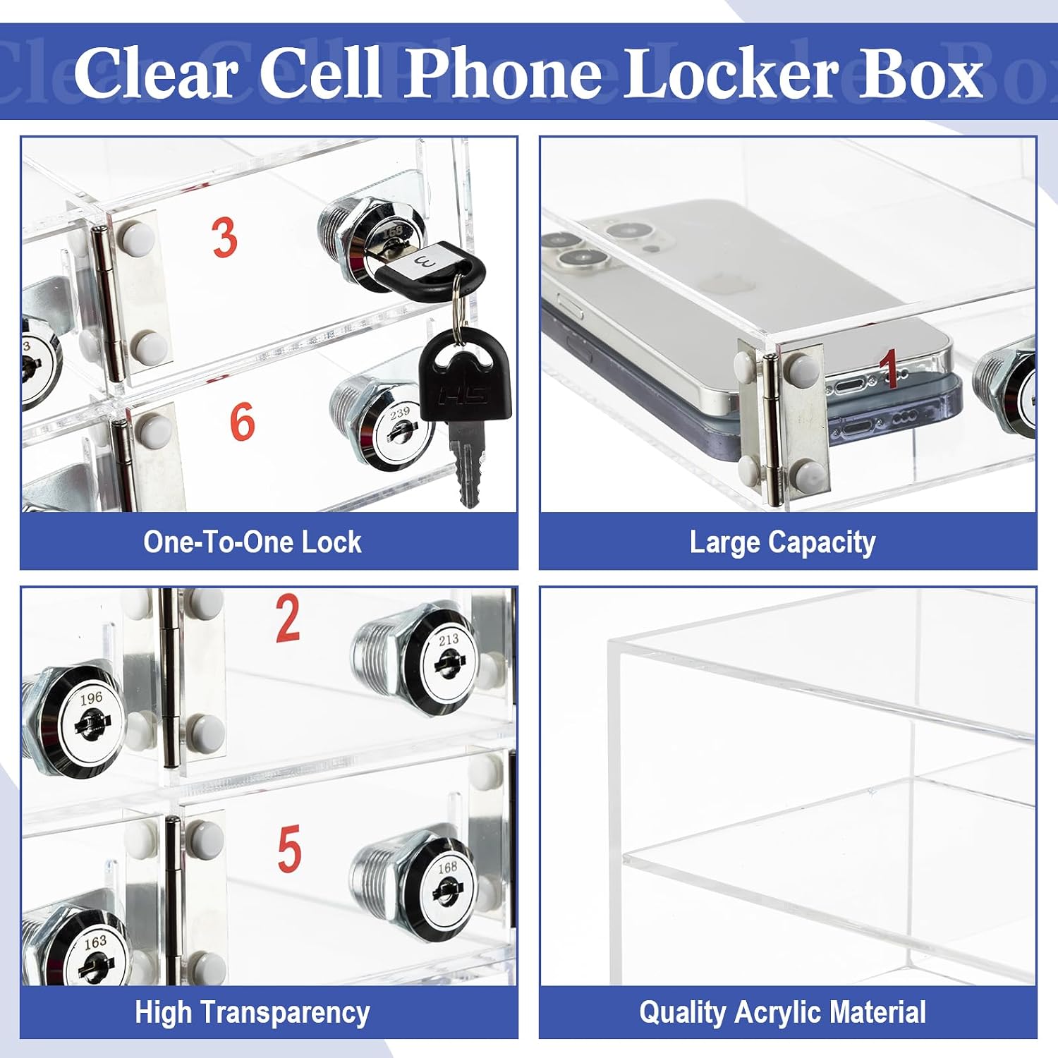 Layhit 6 Slots Cell Phone Locker Box for Classroom Clear Acrylic Cell Phone Storage Cabinet Bin with Door Locks for Classroom School Students Office Factory Employees