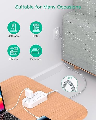 Miniatura 7 de Regleta de alimentación plana  Cable de extensión de enchufe de 5 pies, 6 tomacorrientes, 3 puertos USB, extensor de salida con protección contra