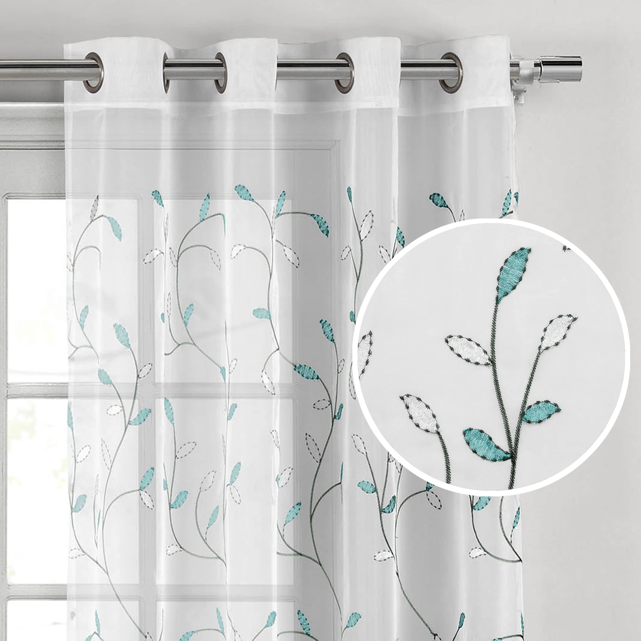 Creative Home Ideas Wavy Leaves, Embroidered Window Curtain with Grommets, Extra Wide Single Panel, 100% Polyester, Light Filtering, Sheer, Modern Drapes, 54" x 84", Turquoise