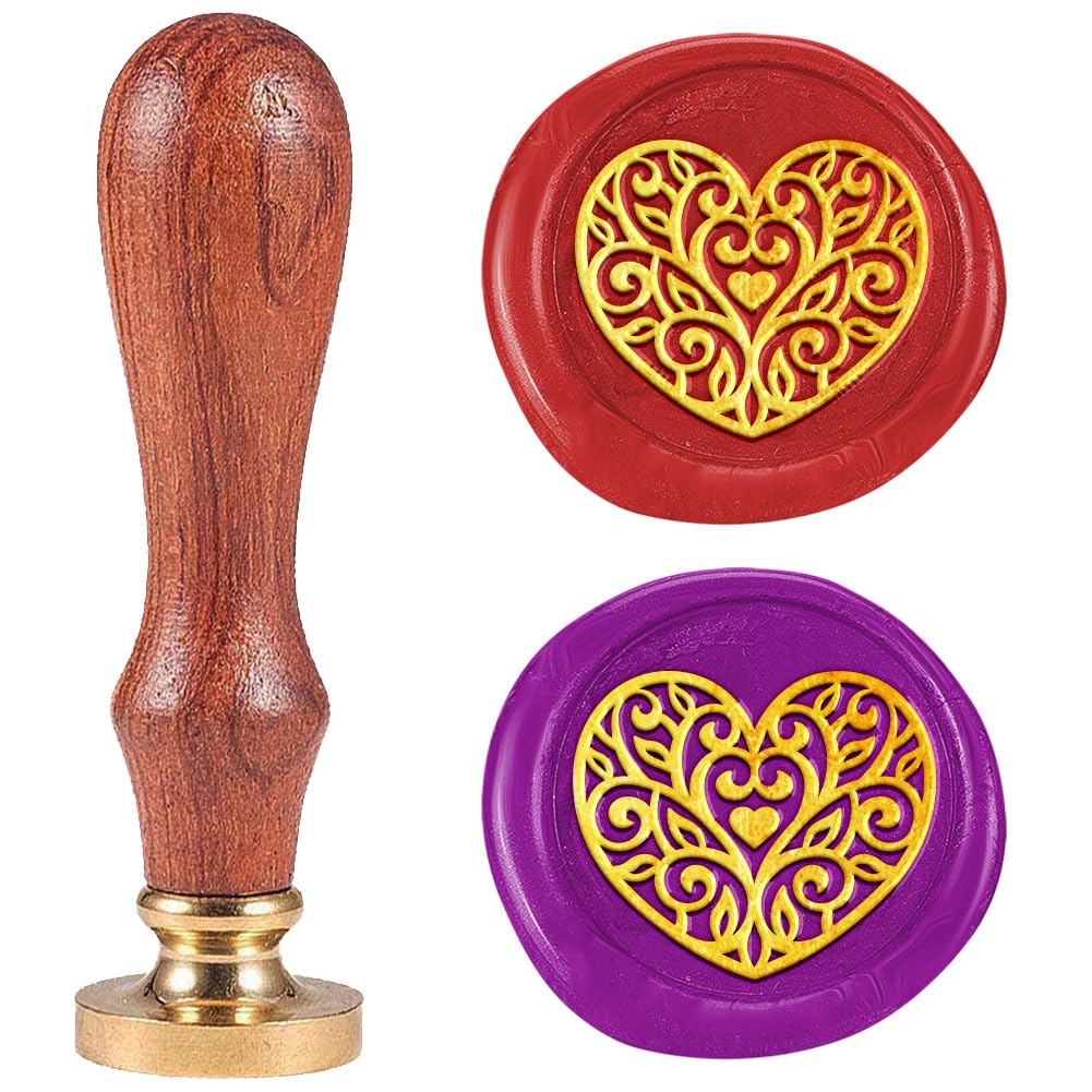 DELORIGIN Heart Vintage Vines Wax Seal Stamp Vintage Love Sealing Stamps 1" Removable Brass Head Seal Stamp with Wooden Handle for Greeting Card Wedding Valentine's Day Invitations Wine Wrapping