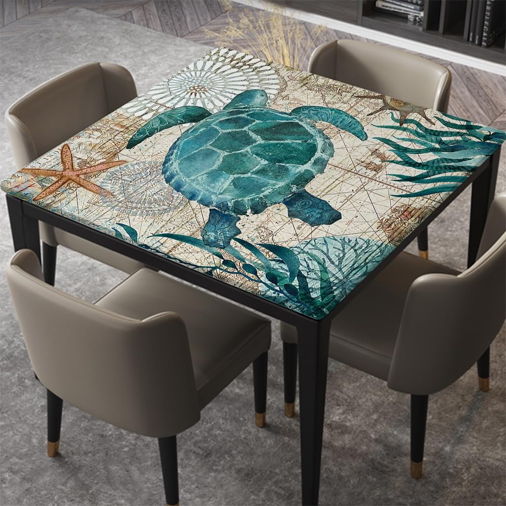 JRMRNEI Polyester Tablecloth, Square Fitted Sea Turtle Table Covers,Fitted for 48"x48" Table, Elastic Edge Waterproof Tablecloth, for Living Room