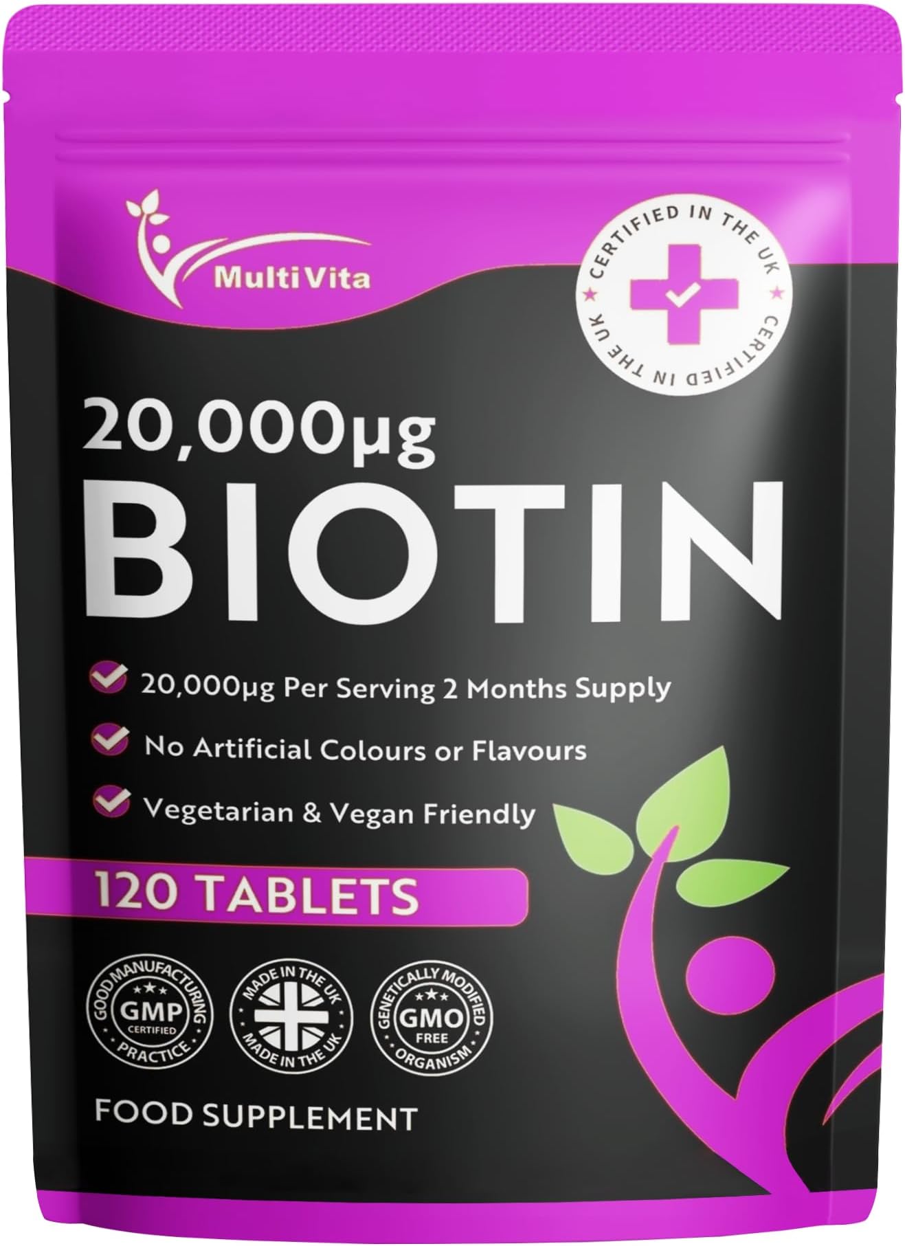 Biotin 20000 mcg Per Serving – 120 Vegan Tablets 2 Per Day not Capsules or Gummies – High Strength Biotin Supplement for Healthy Hair Growth, Skin & Nails – UK Made Vitamin B7 Tablets