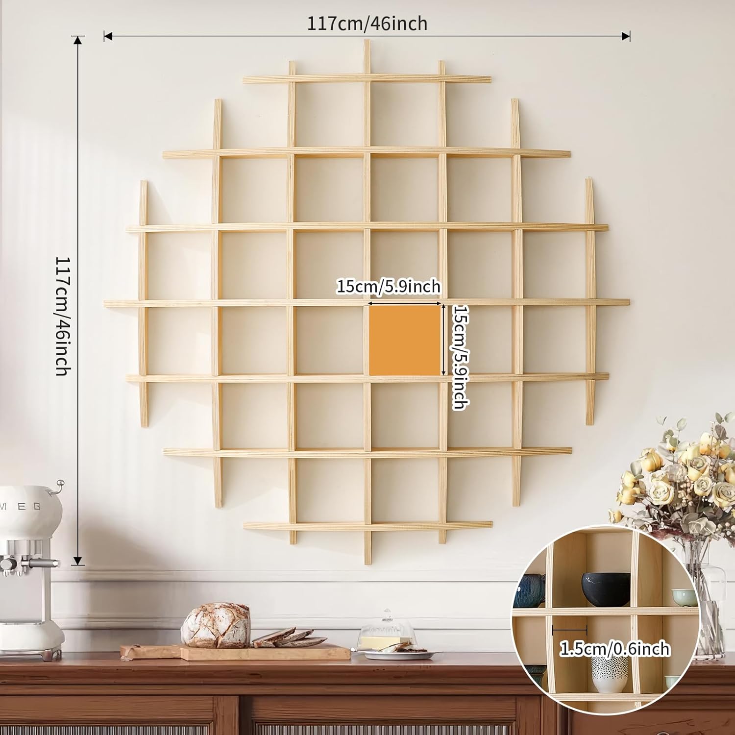 47" x 47"Oversize Wooden Coffee Mug Display Shelf,Rustic Wooden Floating Curio Shelf-Mug Holder for Wall,Wall Mounted Tea Cup Display Stand for Living Room Kitchen Office