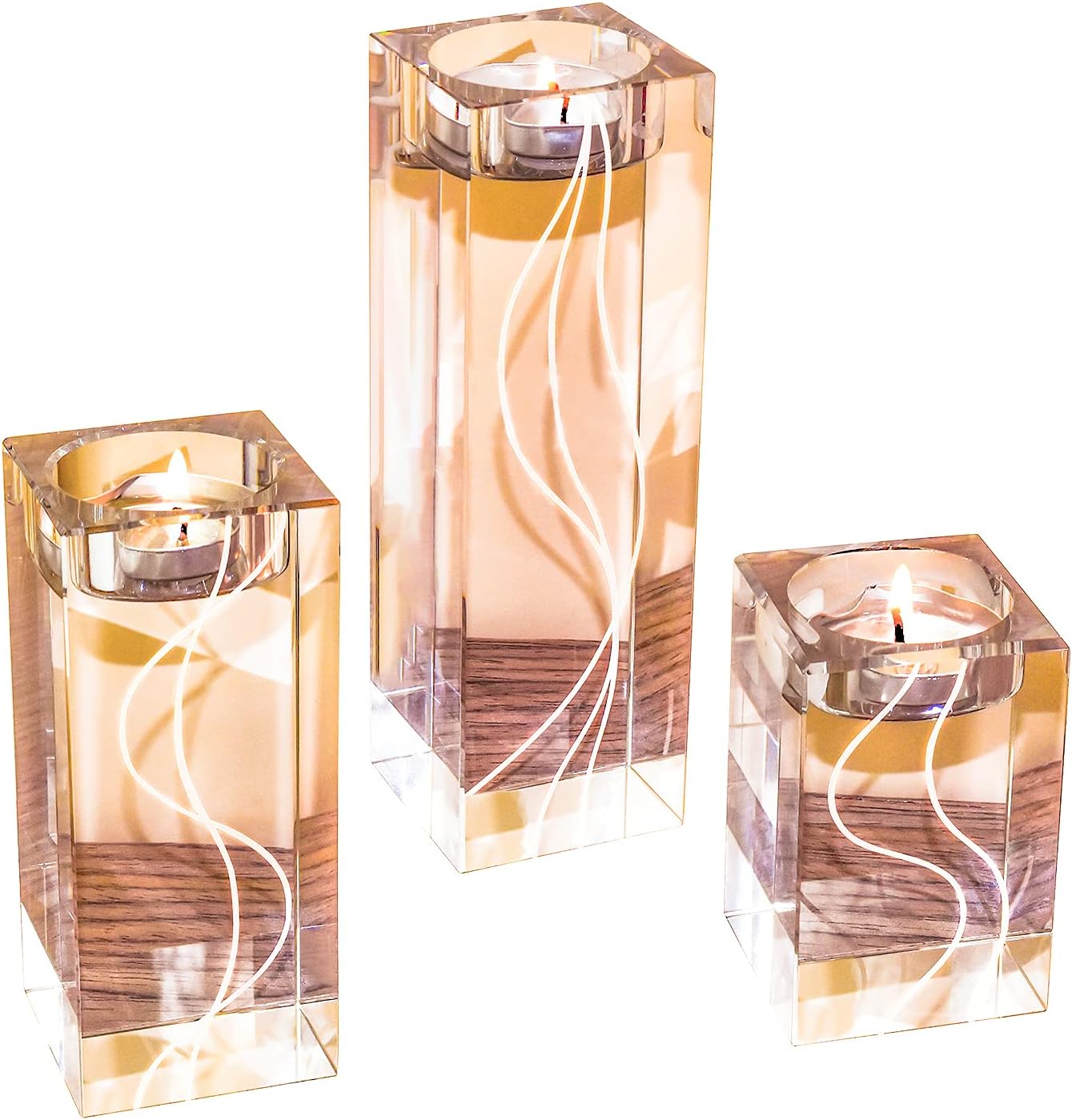 Le Sens Amazing Home Carved Large Crystal Candle Holder Set of 3(6.2/4.7/3.1 Inches H) Solid Clear Glass Decoration│Luxurious Elegant Pillar & Votive Tealight Table Centerpiece│Wedding & Home Décor