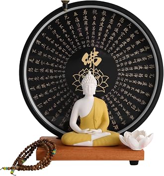 Buddha Statues for Home Decor, 12" Buddha Statue with Circle LED Lamp, Ceramic Buddha Statue w/Backflow Incense Seat for Zen Room Decorations Yellow