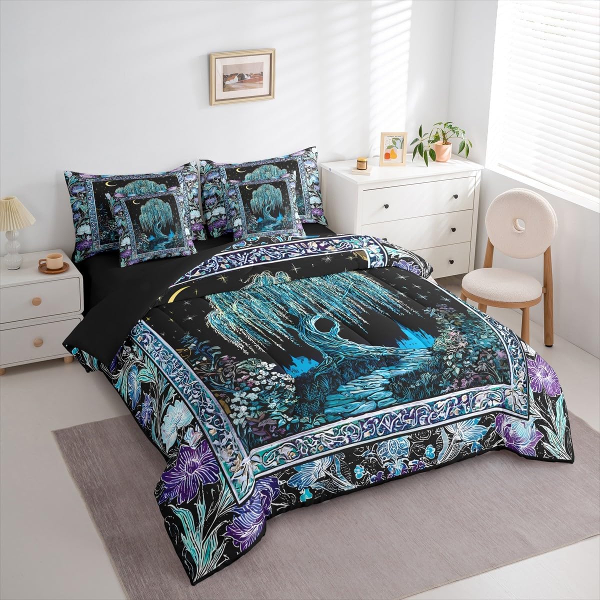 Tree of Life Bedding King Size 7 Pcs,Boho Exotic Style Flowers Bed Set for Kids Girls Starry Galaxy Comforter Set,Green Purple Black Soft Bed in a Bag with Comforter,Sheets,Pillowcases Room Decor