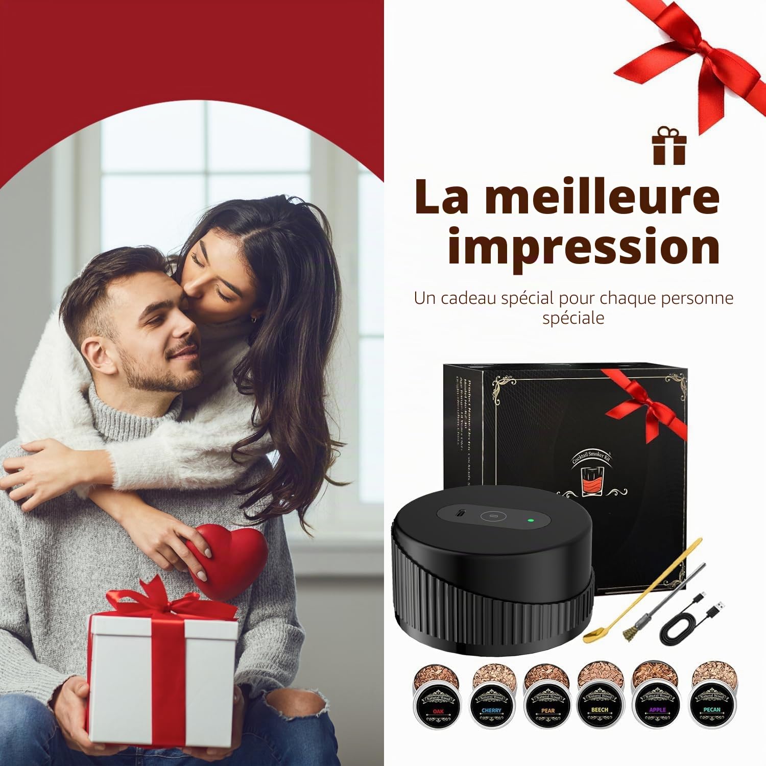 Kit de Fumeur de Whisky Electrique Portable - Kit de Fumée de Cocktail Multifonctionnel Rechargeable avec 6 Puces de Bois (sans Butane) - Briquet Intégré