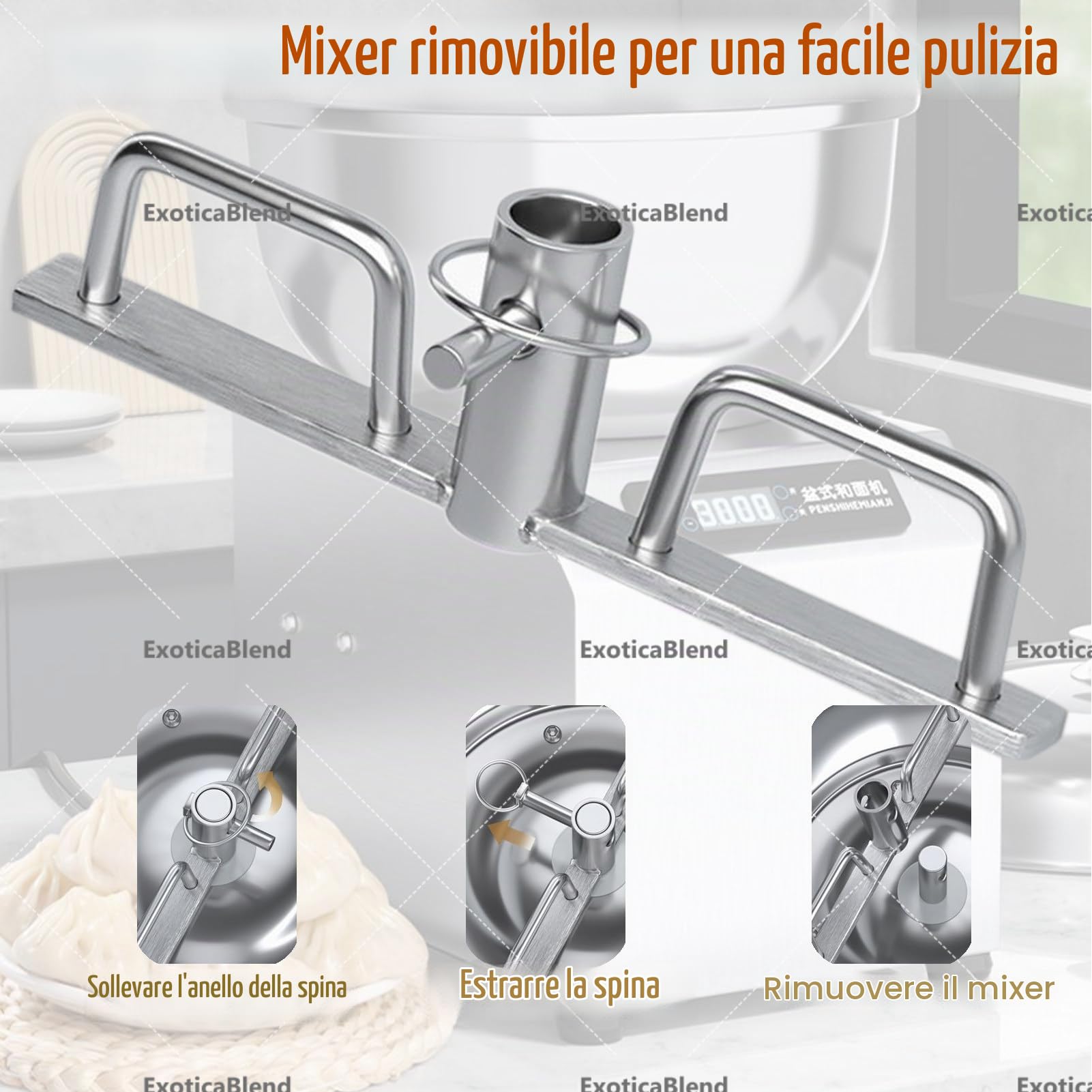 Impastatrice a Spirale Professionale, Impastatrice a Spirale Elettrica da 1400 Giri/Min con Doppia Rotazione, Impastatrice Professionale per Panetteria, Ristorante, Pizza e Pane 3kg