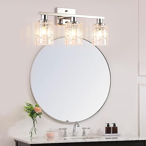 Miniatura 2 de Lámpara de tocador de baño cromada plateada de 3 luces, iluminación moderna con pantalla de cristal, accesorios de iluminación de baño de montaje en
