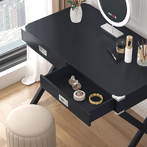 Miniatura 8 de Escritorio negro para computadora de 42 pulgadas con 2 cajones grandes, estación de trabajo de escritorio de oficina en casa, escritorio único con