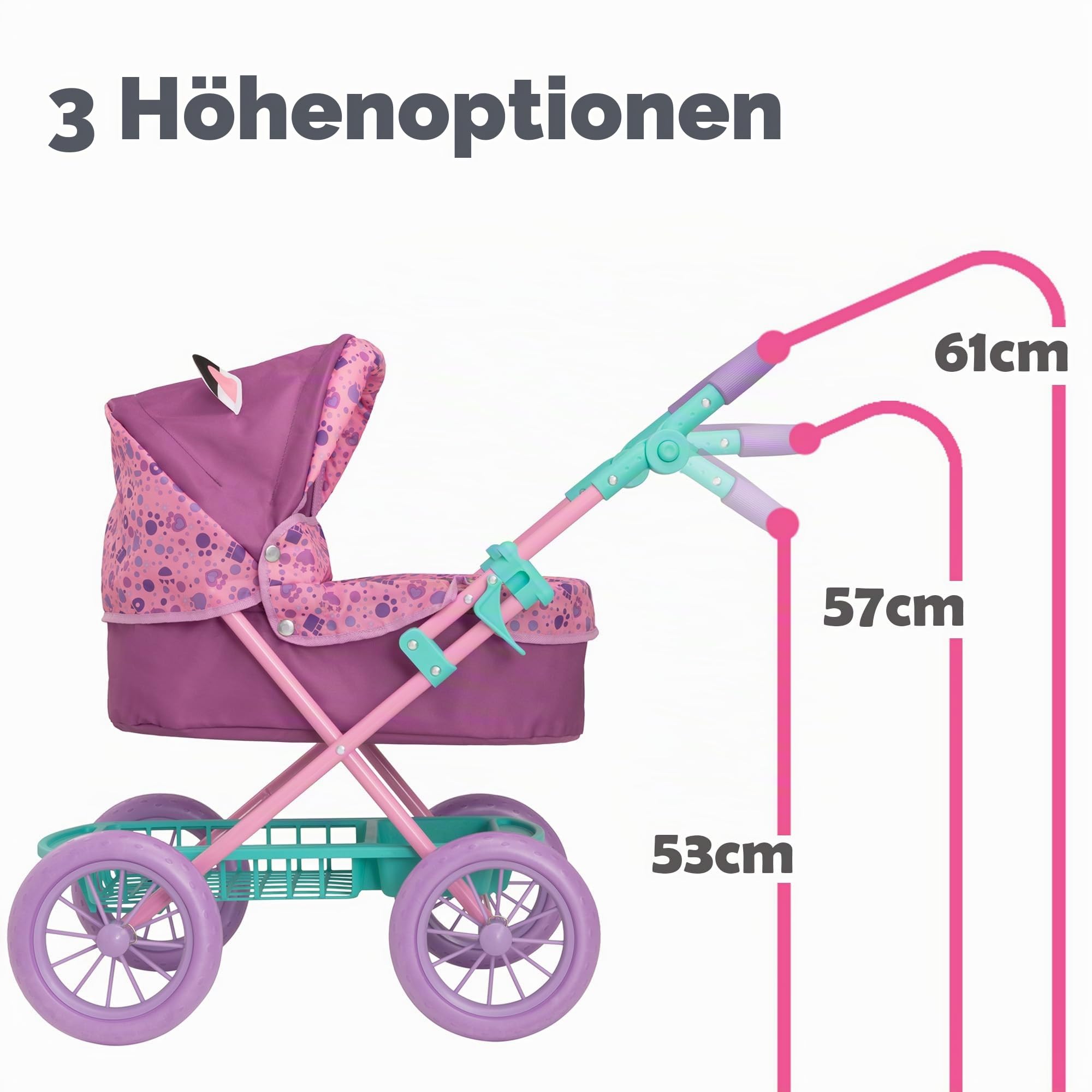 Gabby's Dollhouse Junior Puppenwagen Lila & Grün | Puppen-Buggy mit Verstellbarer Griffhöhe | Faltbarer Puppenwagen mit Stauraum, Abnehmbarer Abdeckung & verstellbarem Verdeck | Spielzeug ab 3 Jahren