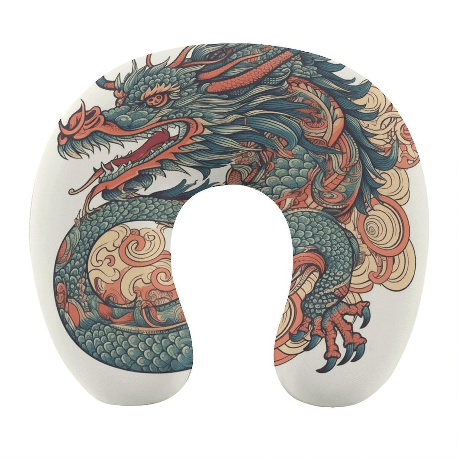 LZQPOEAS Red and Cyan Dragon Neck Pillow U Shaped Travel Pillow Comfortable Memory Foam Pillow Portable Neck Support Lightweight Headrest for Airplane Car Home Office Sleeping Traveling