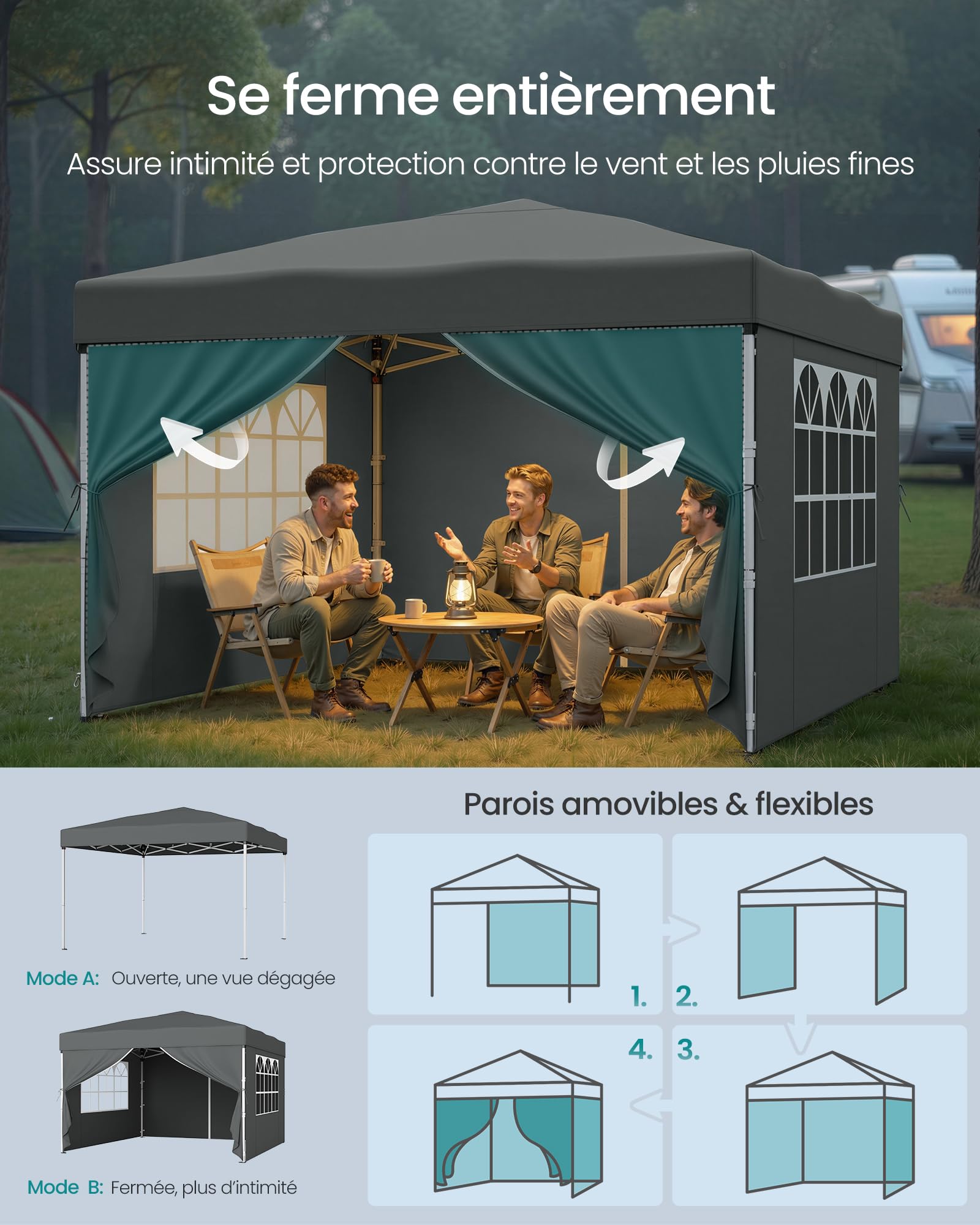 SONGMICS Tonnelle, Chapiteau Pliable, Protection Solaire, Résistante aux Petites Pluies, Portable, avec Parois Latérales, pour Cour, Jardin, Marché, 3 x 3 m, Gris Foncé GCT104GZ01