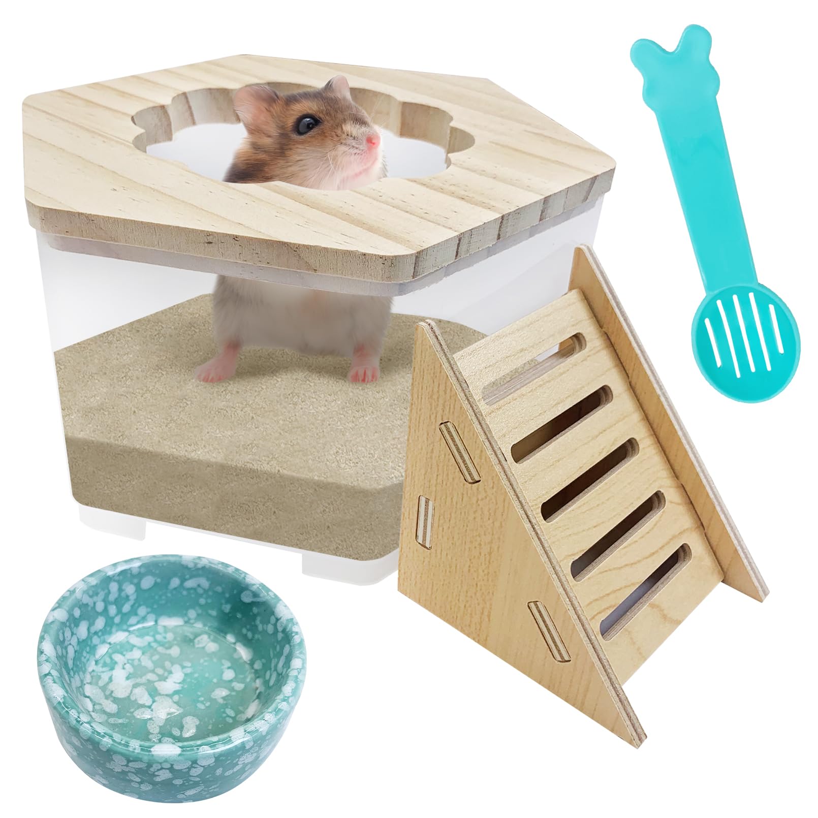 Hamiledyi Hamster Sand Bath Box Transparent Gerbil Digging Sand Container Acrylic Small Dwarf & Syrian Hamster Shower Bathtub with Climbing Ladder