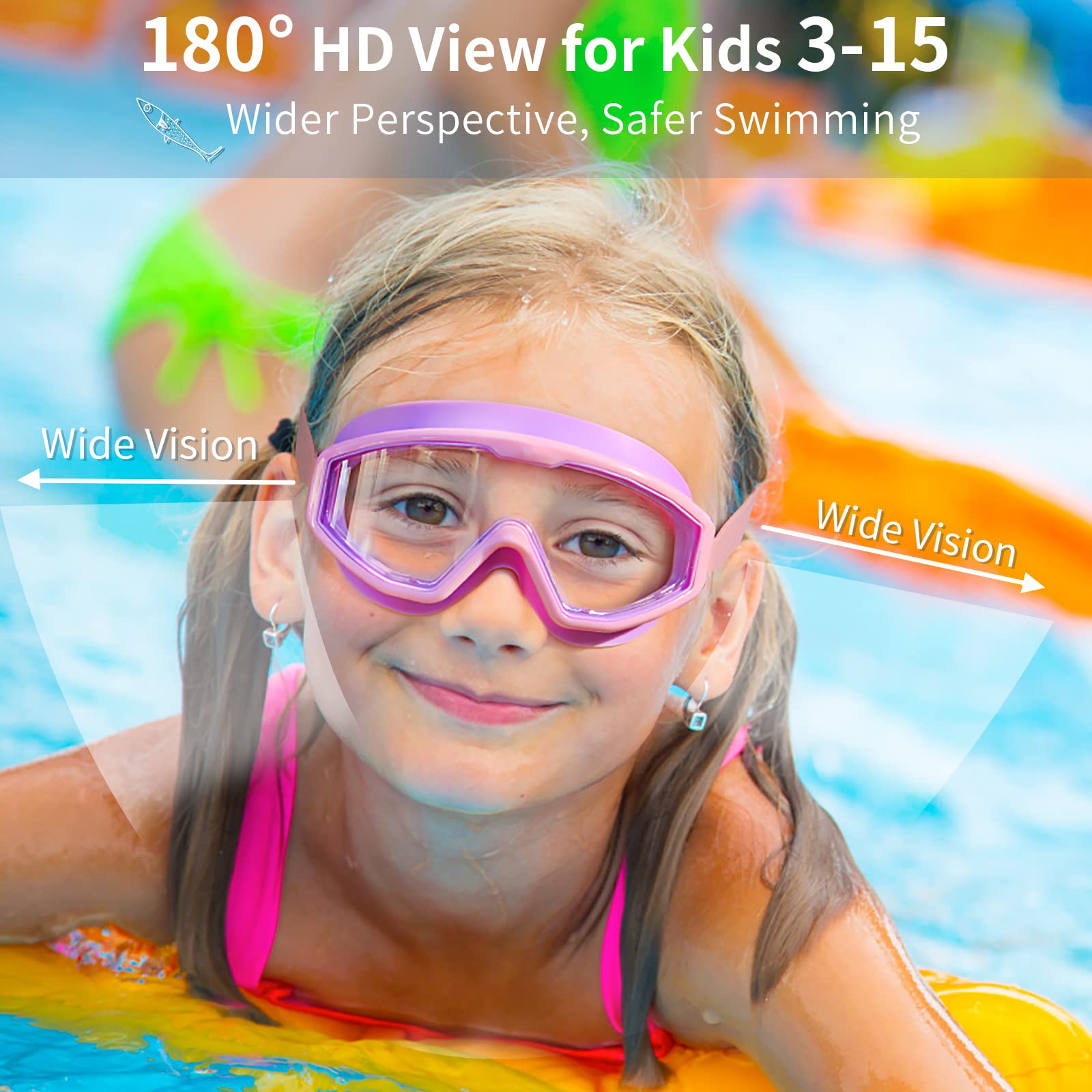 Water Space Lunette Piscine pour Enfant 3-15, Vue Panoramique Anti-Buée Pas de Fuite Lunettes Natation pour La Piscine et La Plage