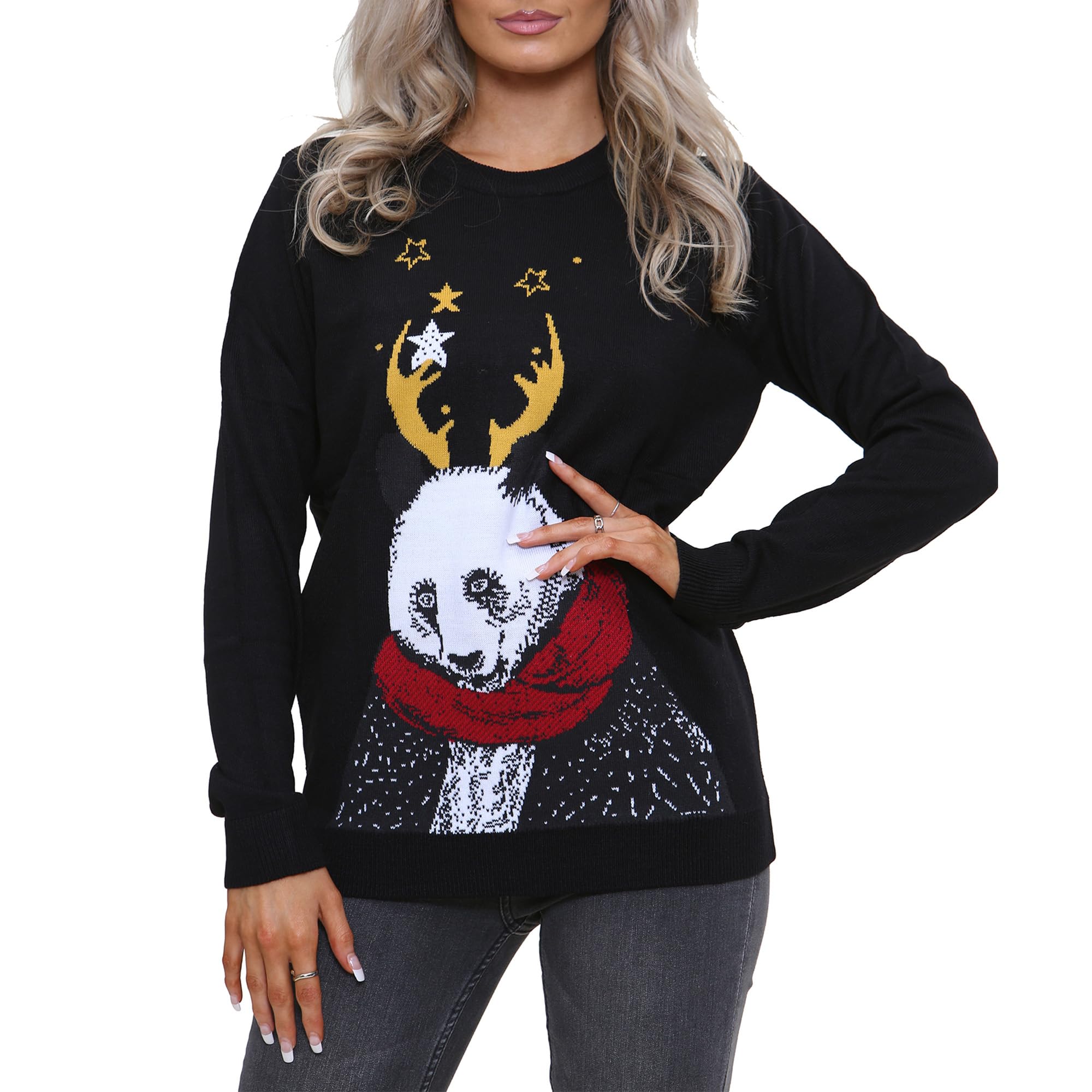 Noroze Women's Panda Black Xmas Jumper Merry Elf Pullover Knitted Sweater (16, )