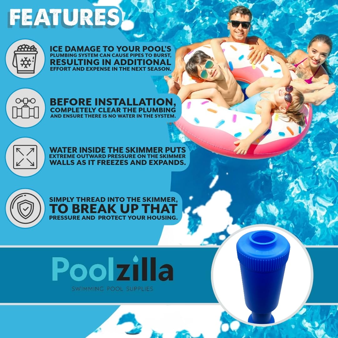 Poolzilla Lot de 2 bouchons d'hiver bleus pour skimmer – Piscine au-dessus et enterrée, protection de glace de 41,5 cm pour écumoires filetées de 3,8 cm et 5,1 cm avec valve de soufflage