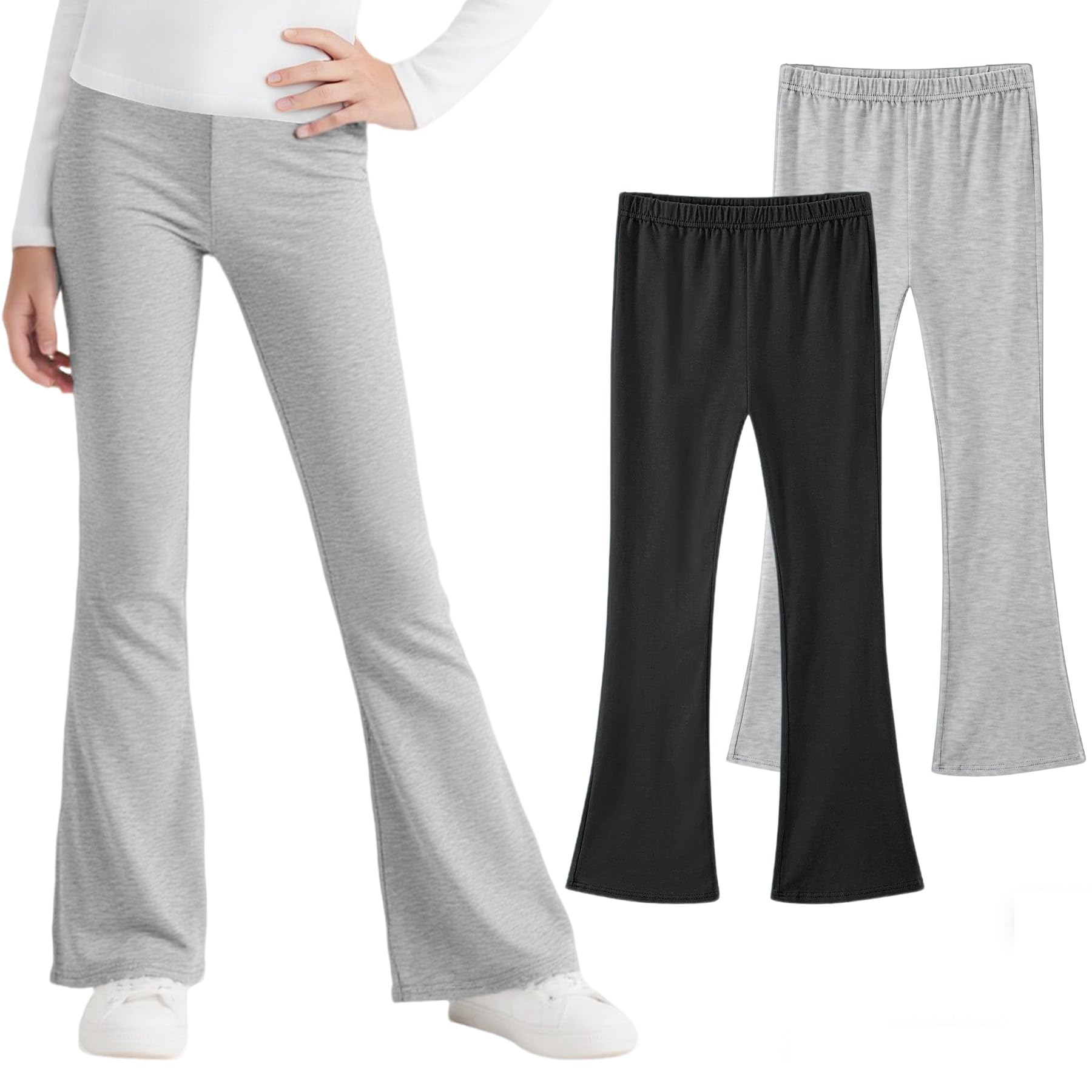 JinBei Leggings Évasés pour Filles Coton Flare Legging Doux Confortable Lot de 2 Bootcut Pantalon Respirant Ceinture élastique Sports École Vêtements Couleur Unie pour Enfants, 5-14 Ans