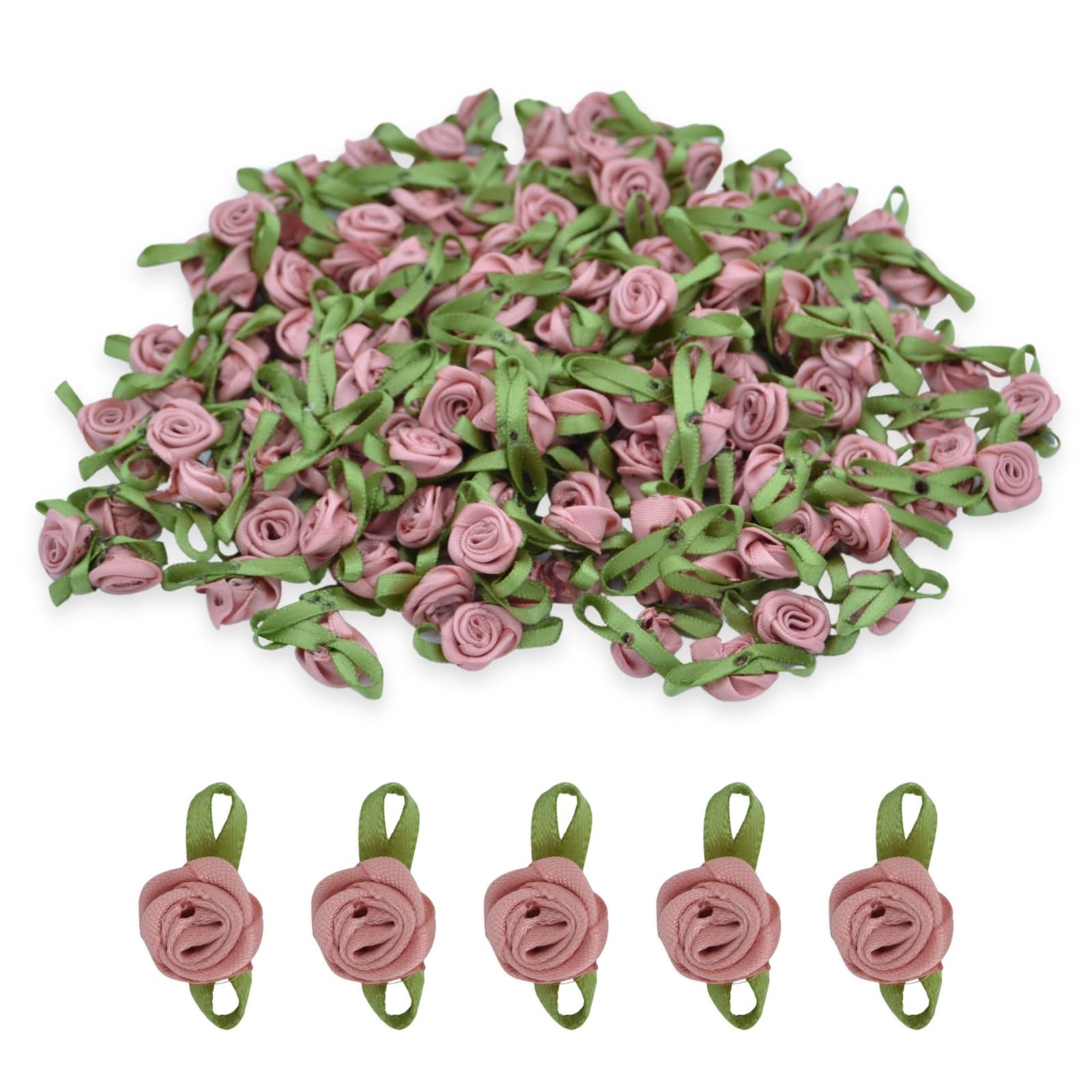 celloexpress 15mm Vintage Pink #30 Satin Ribbon Roses with Green Leaves - Small Flower Buds - Crafts, Embellishments (Pack of 50)