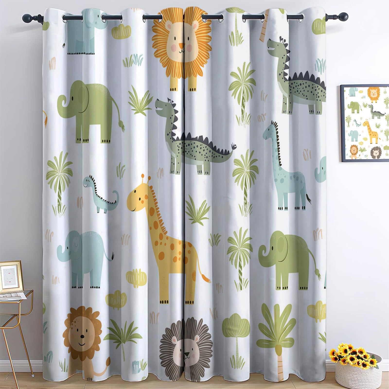 Cartoon Wildlife Curtains Opaque Set of 2, White 3D Blackout Curtains with Eyelets Cold and Heat Resistant for Kids Room Boys Girls Bedroom Window Decoration 2 x 46” W x 90” L