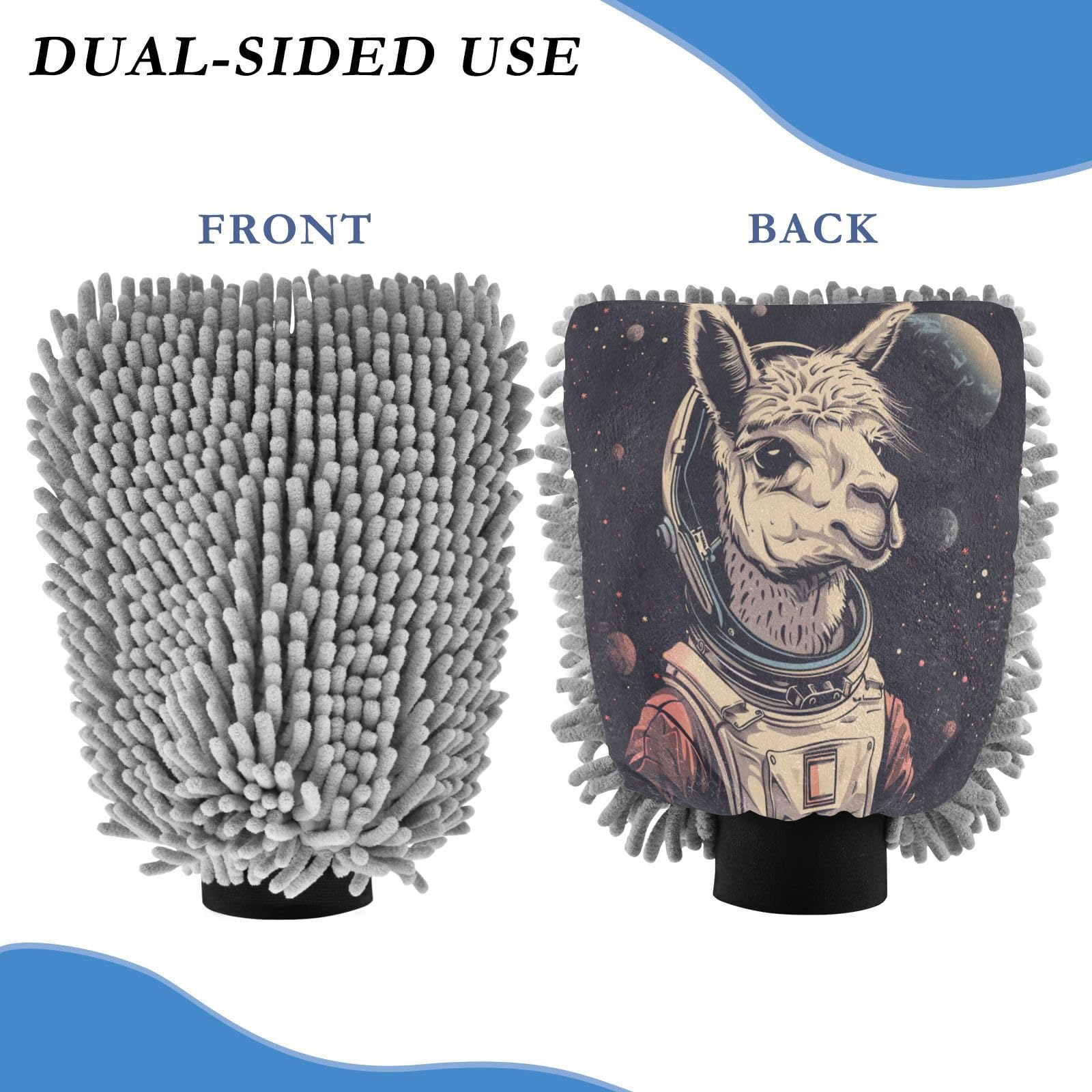 ALAZA Llama Alpaca Astronaut Space Car Wash Mitt Scratch Free, 2 Pack Absorbent Microfiber/Chenille Washing & Drying Mitts, L