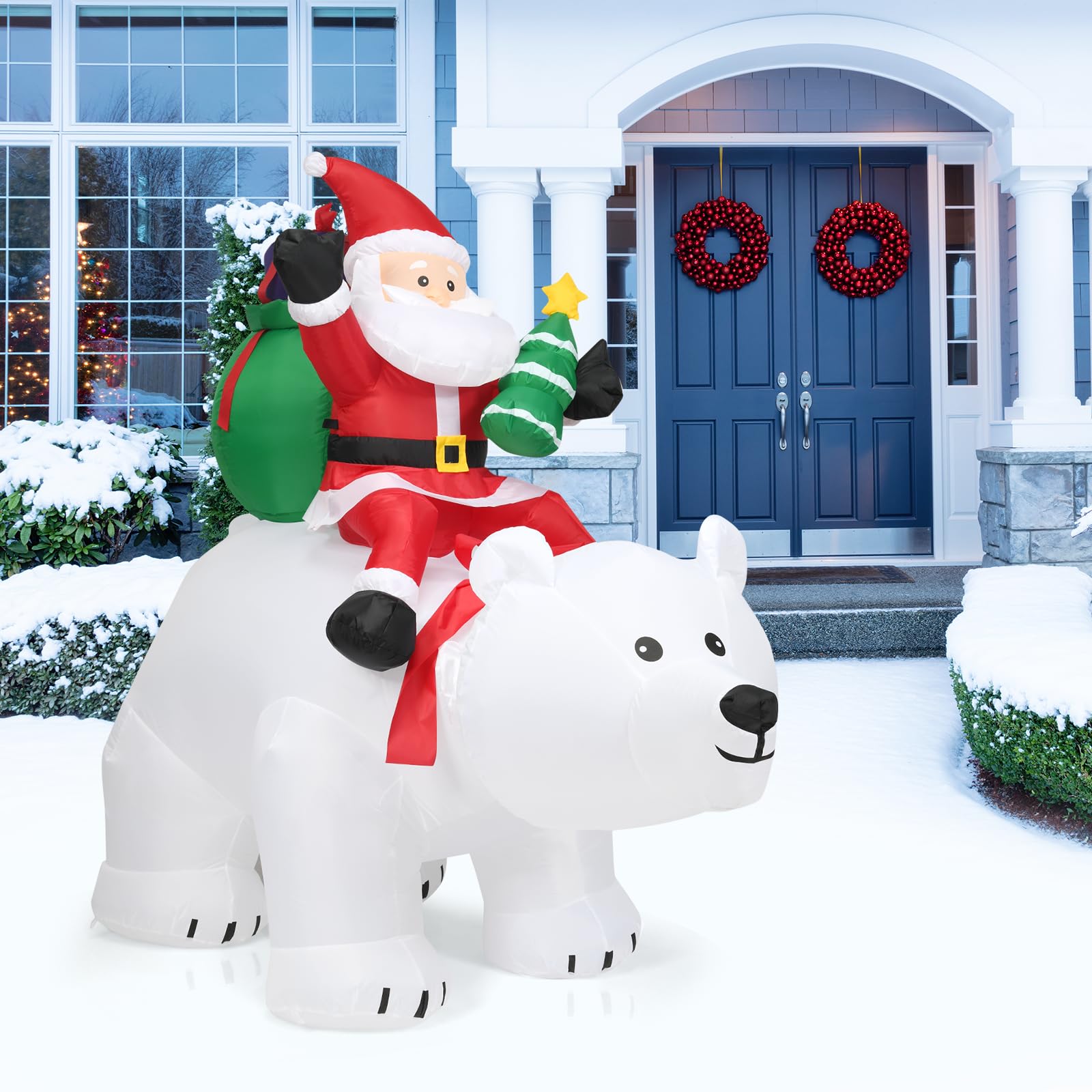 SOARS aufblasbarer Weihnachtsmann auf Eisbär, Weihnachten Eisbär mit wackelndem Kopf, LED, Weihnachtsdeko aussen XXL, Weihnachtsfigur, Weihnachtsbeleuchtung, 200 x 87,5 x 175cm