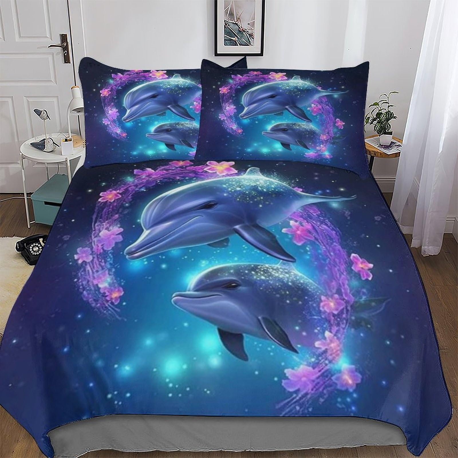 Housse de couette dauphin 220x240 cm avec taies d'oreiller en microfibre douce