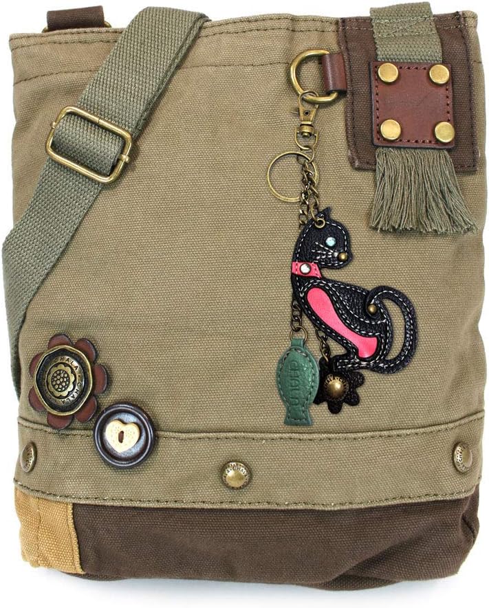 Chala Patch Cross-Body Women Handbag Canvas Messenger Bag - Mini Black Cat- Olive