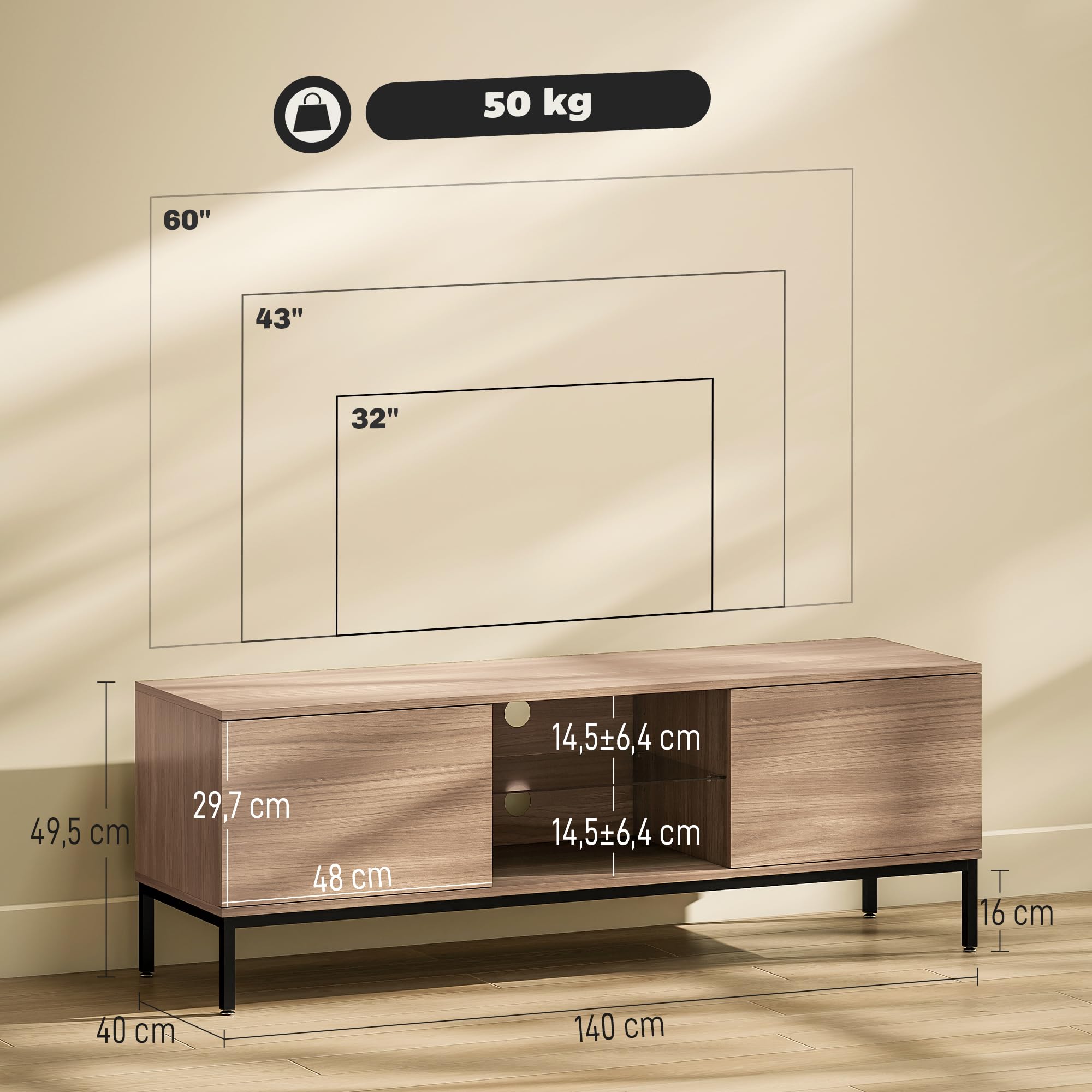 HOMCOM Mueble de TV Moderno Mueble de TV para Salón con 2 Compartimentos Abiertos 2 Puertas Estante de Cristal Ajustable y 2 Orificios para Cables para Televisión hasta 60 Pulgadas 140x40x49,5 cm Gris