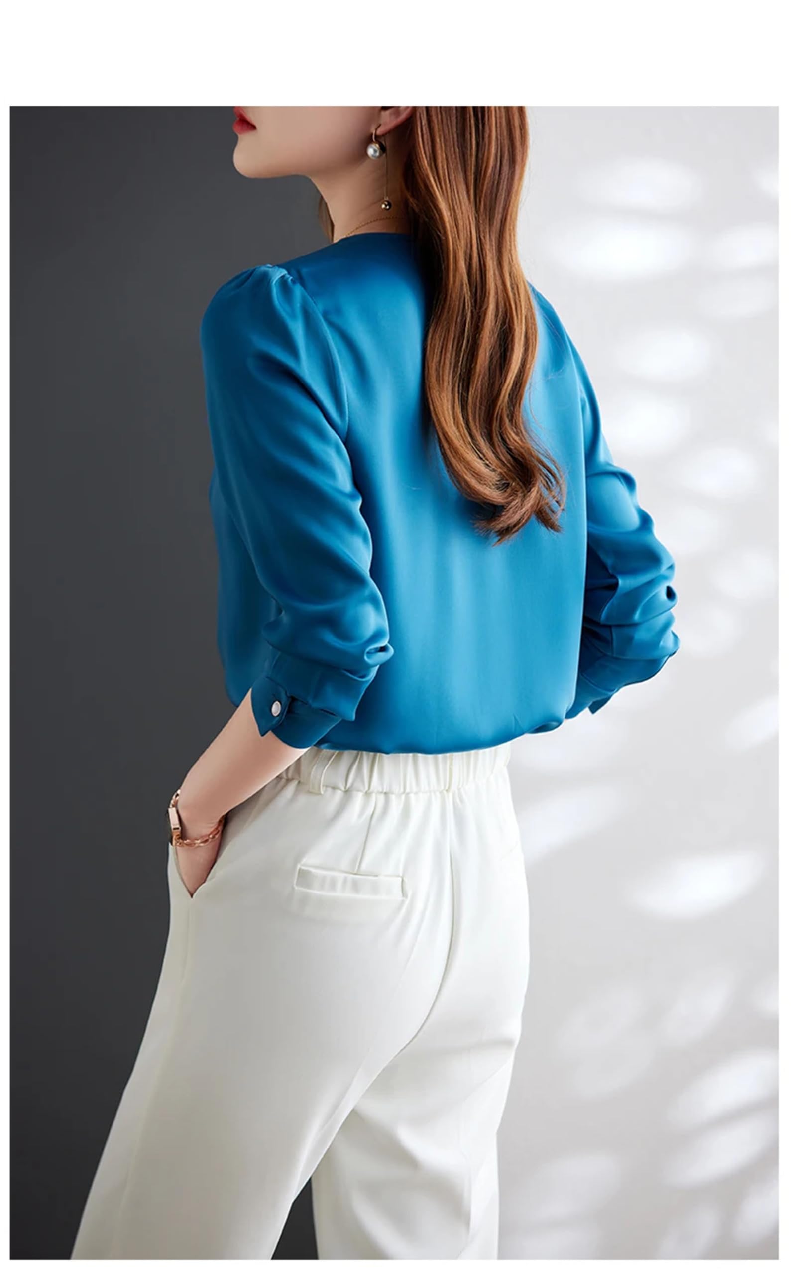 Blusas de cuello redondo para mujer, elegantes, informales, plisadas, con cadena de perlas, manga larga abombada, camisas de oficina