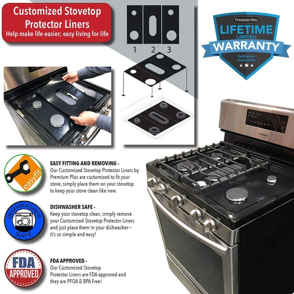 Premium Plus Stove Protectors for Frigidaire Gas Range Model FGGF3059TDA, Custom Cut, Easy to Clean Stove Liner, Made in the USA.