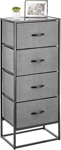 mDesign Torre de almacenamiento alta y vertical de 4 cajones, marco de acero resistente, cubos de tela de fácil tirarasas de madera, unidad