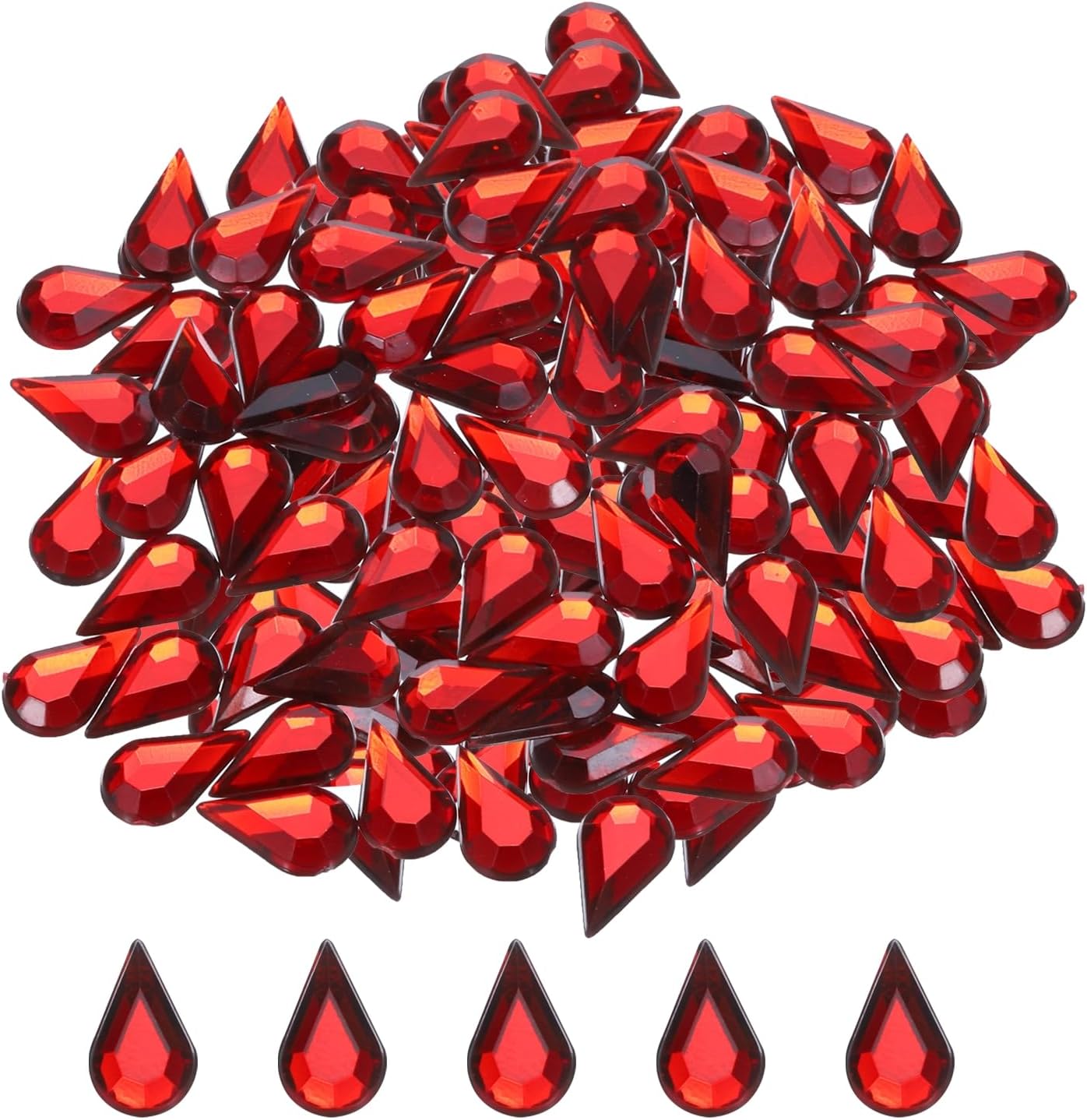 MECCANIXITY 200PCS Flat Back Acrylic Teardrop Gems 6x10mm Artificial Rhinestones for DIY Crafts Bead Wedding Party Face Painting Jewelry Making Deep Red