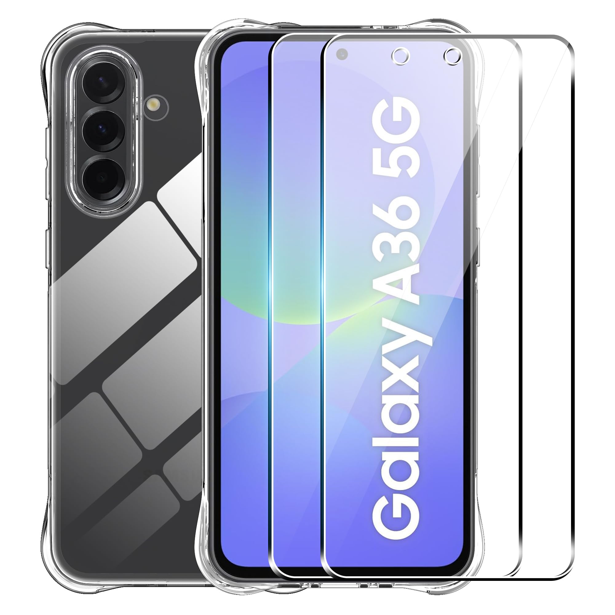 for Samsung Galaxy A36 Case with [2 Pack] Tempered Glass Screen Protector, Clear TPU,Reinforced Corner Shockproof, Anti-Scratch