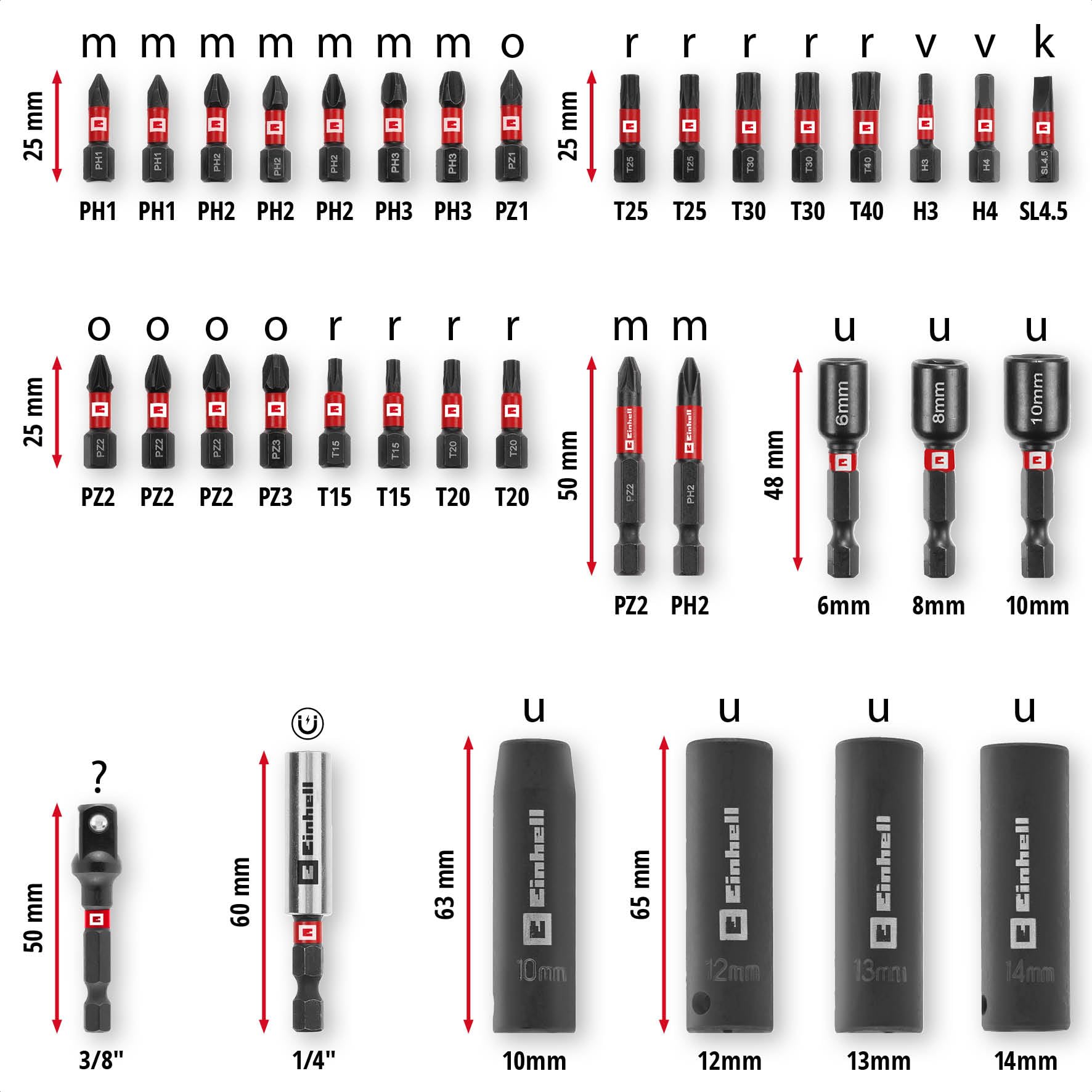 Einhell M-CASE - Juego de 35 brocas de impacto y llaves de vaso (puntas de 25 mm, puntas de 50 mm, llaves hexagonales, enchufes largos, adaptador de enchufe, soporte de brocas de 60 mm, incluye caja