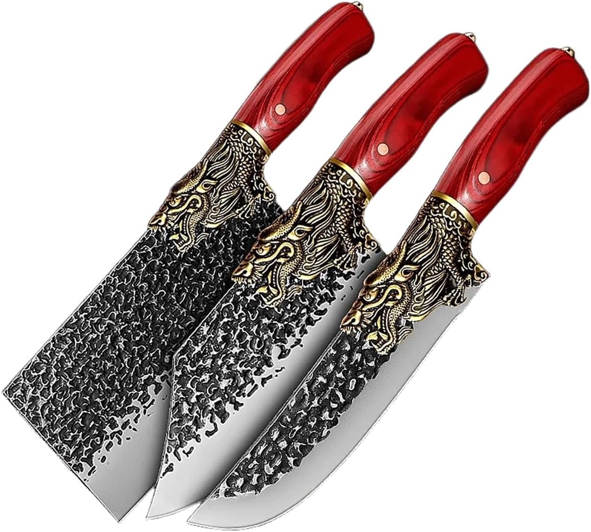 Meat Cleaver Knife, Thickened Vegetable Knife Forged Hammer Chopping Dual Purpose Boning Knives Kitchen Meat Cleaver(3pcs)