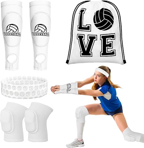 6 Pcs Volleyball Accessories, Include Volleyball Knee Pads Arm Sleeves Drawstring Bag Softball Headbands Volleyball Protection Equipment Gifts for