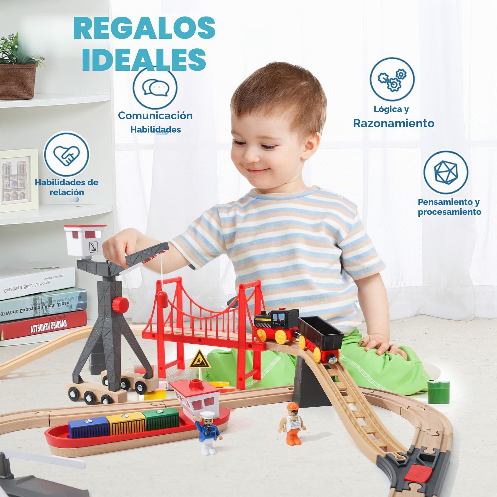 LZDMY Juego de Tren de Madera para Niños, 57 Piezas Tren Eléctrico Compatible con Vías Brio, Madera de Juguete para 3 4 5 6 Años Juguete de Regalo para Niño y Niña