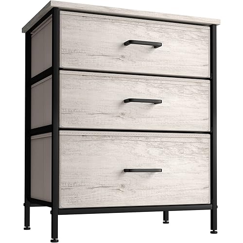 Sorbus Nightstand Dresser with 3 Faux Wood Drawers - Bedside Table Chest with Storage, Steel Frame, Wood Top, Easy Pull Fabric Bins for Bedroom, Living Room, Closet & Dorm Furniture Lamp Stand
