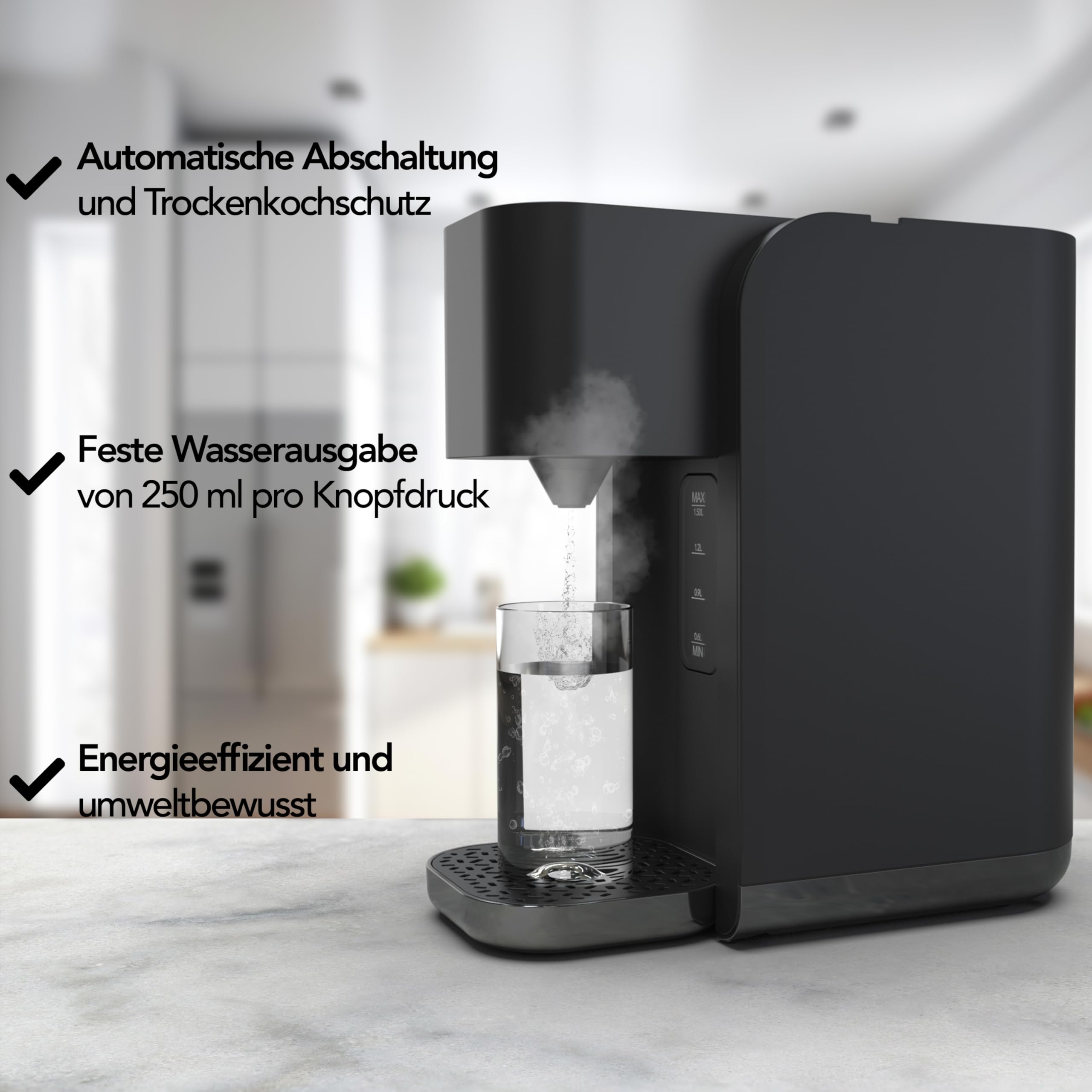 Aviro Heißwasserspender – Heißwasserhahn – 100 °C – Luxus-Schnellkocher – 2200 W – 1,5 l Schwarz