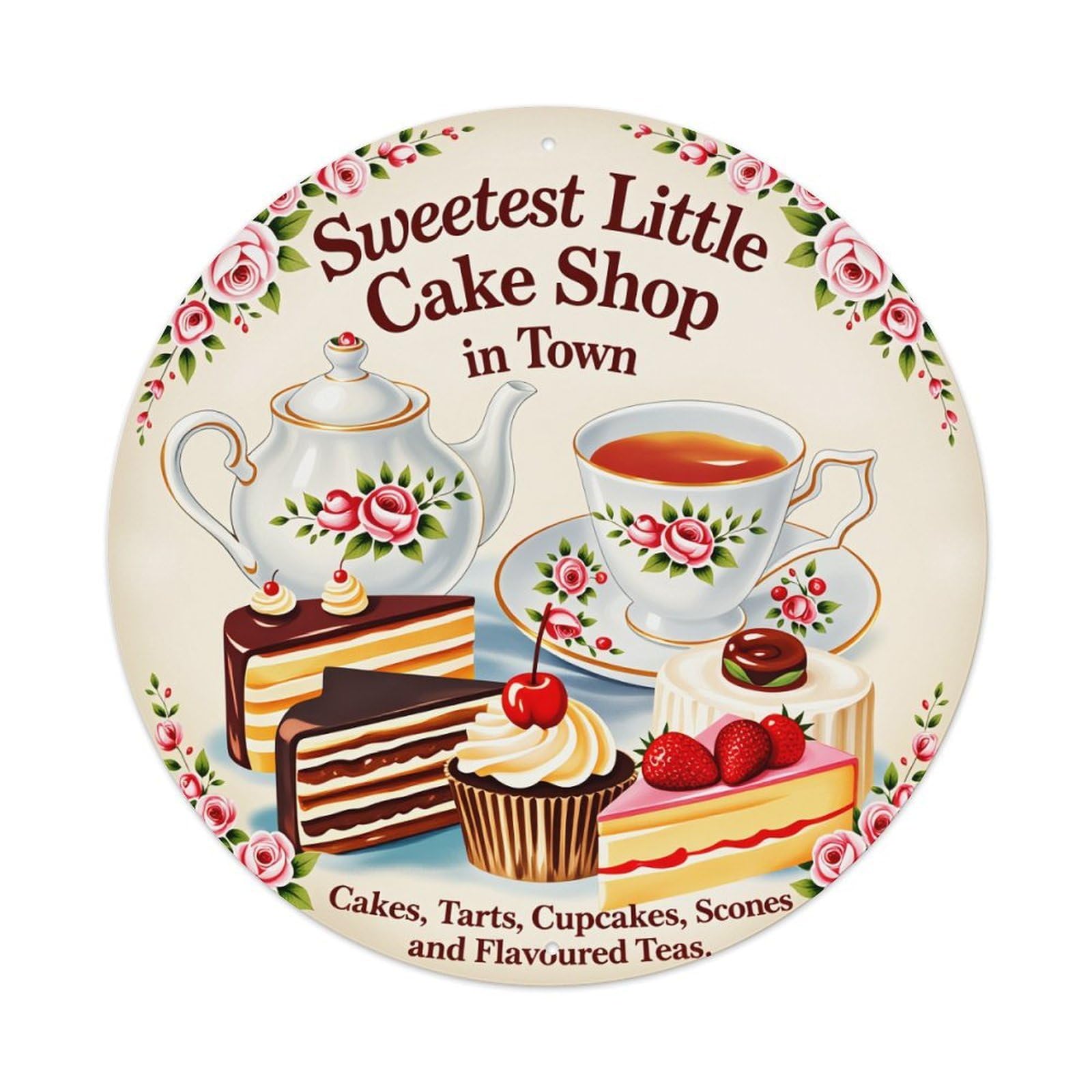 Floral Teapot Cake Tea Cupcake Metal Tin Sign Vintage Garden Bedroom Cafe Bar Man Cave Home Wall Decor Metal Poster 8x8 inches